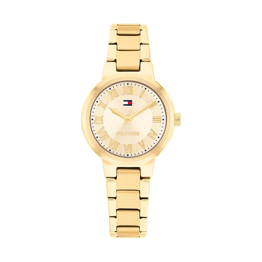 Goldfarbene Tommy Hilfiger Damenuhr aus Edelstahl mit Zifferblatt, römischen Ziffern und Tommy Hilfiger Logo.
