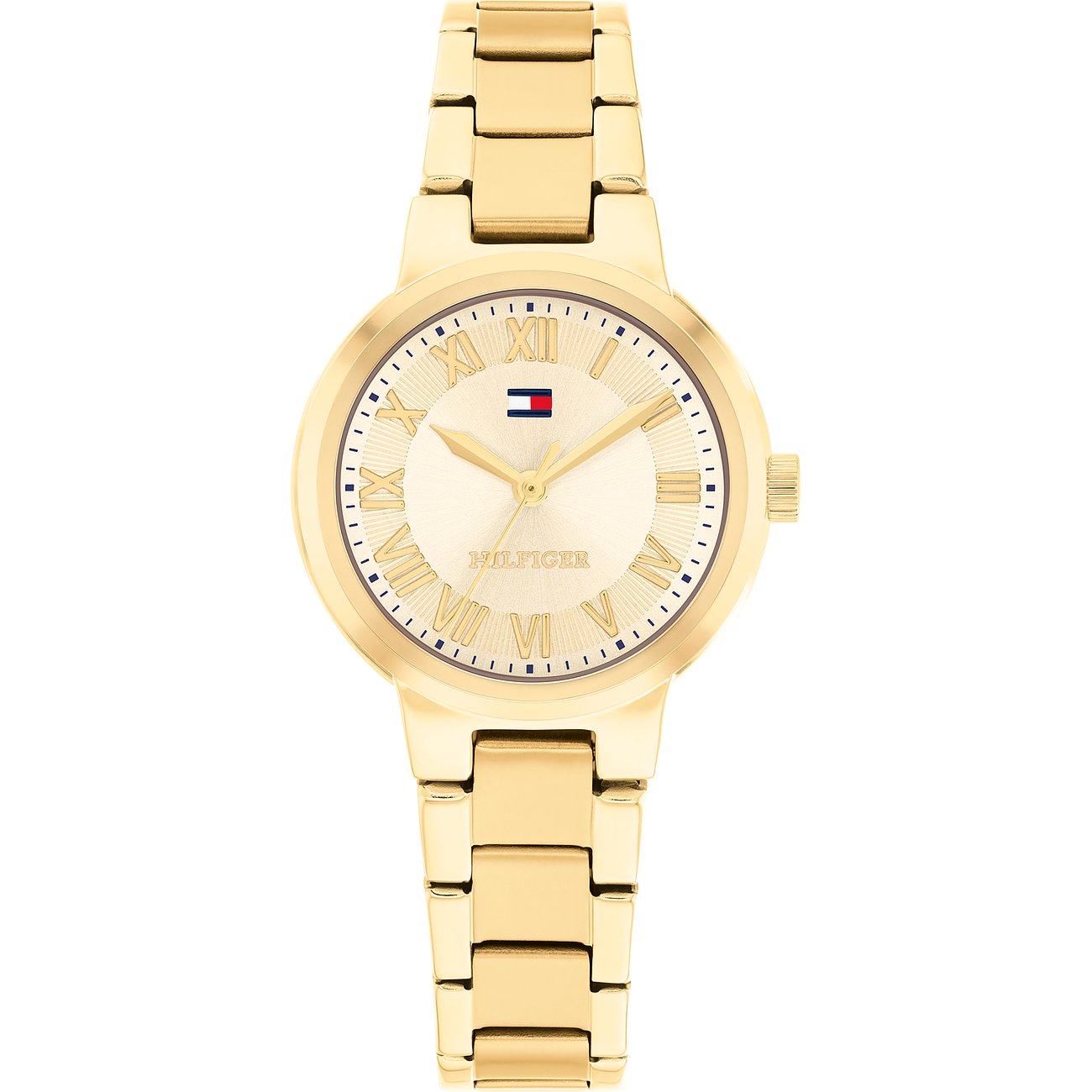 Goldfarbene Tommy Hilfiger Damenuhr aus Edelstahl mit Zifferblatt, römischen Ziffern und Tommy Hilfiger Logo.