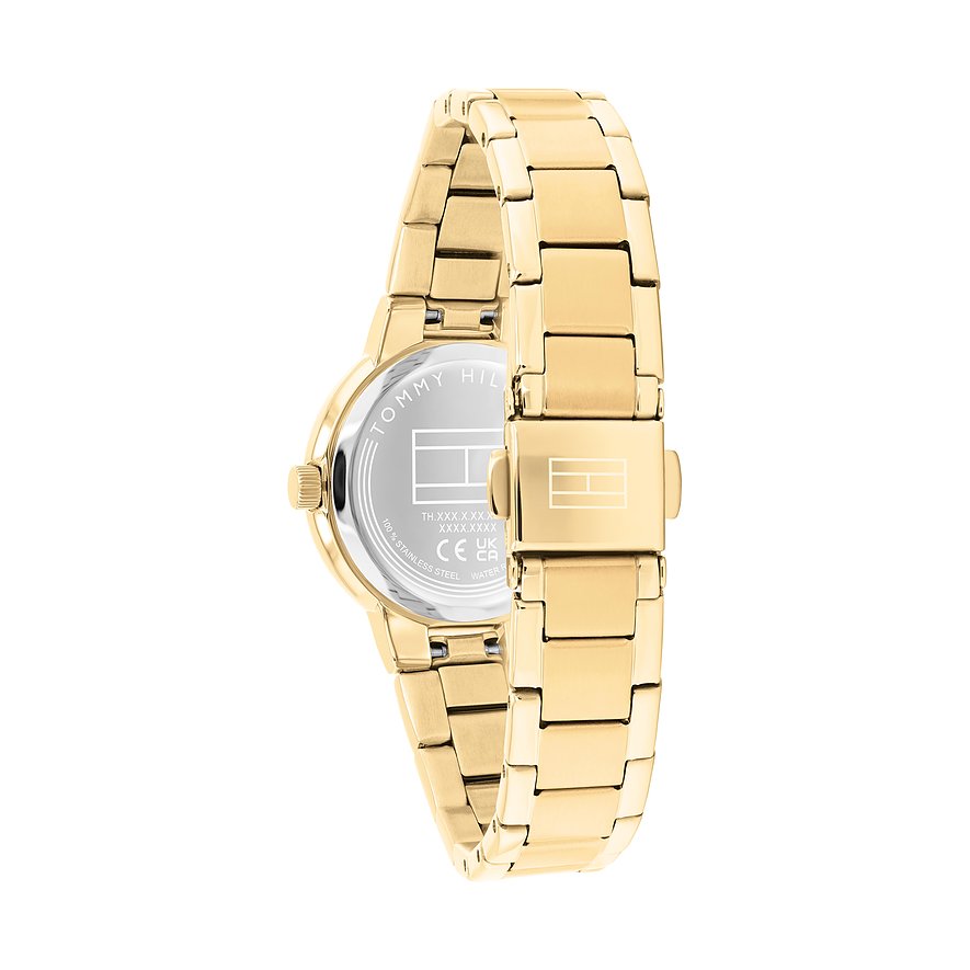 Rückansicht der goldenen Tommy Hilfiger Damenuhr aus Edelstahl mit detailliertem Gehäuseboden und Verschluss.