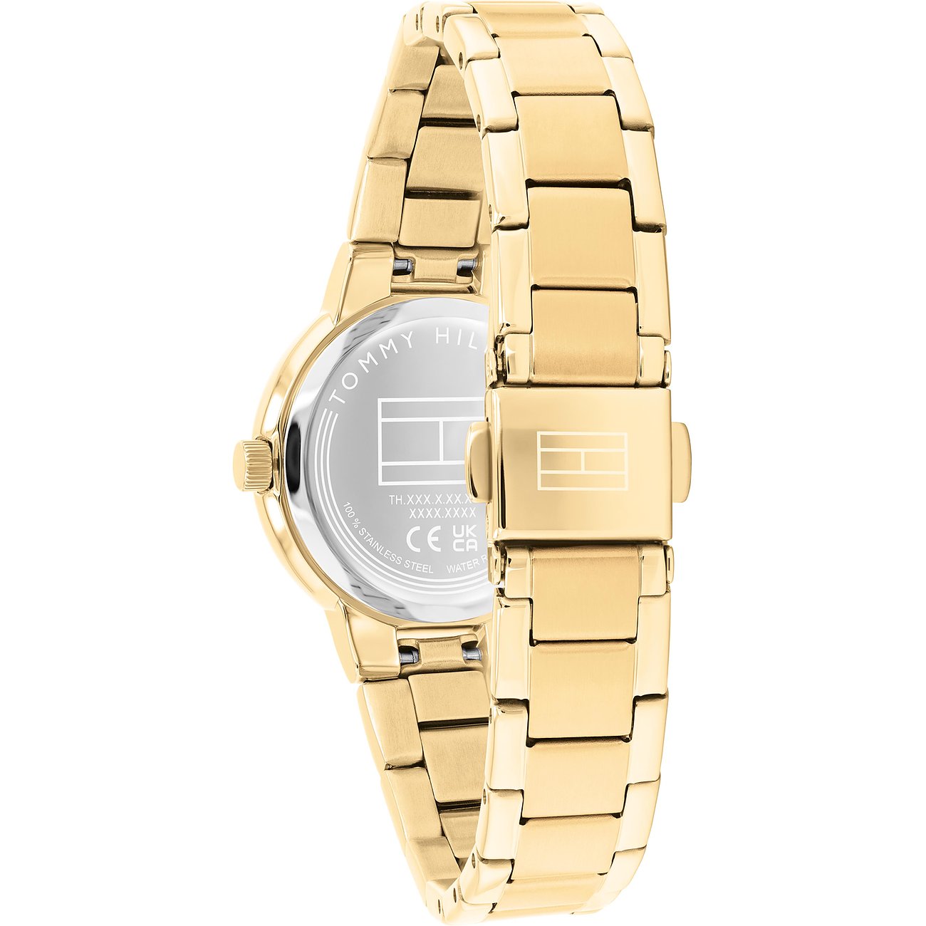 Rückansicht der goldenen Tommy Hilfiger Damenuhr aus Edelstahl mit detailliertem Gehäuseboden und Verschluss.