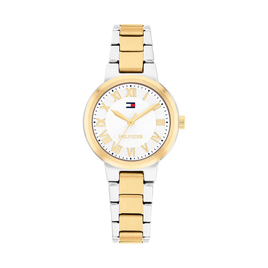 Tommy Hilfiger Damenuhr aus Edelstahl mit silbernem und goldenem Armband, weißem Zifferblatt und römischen Ziffern.