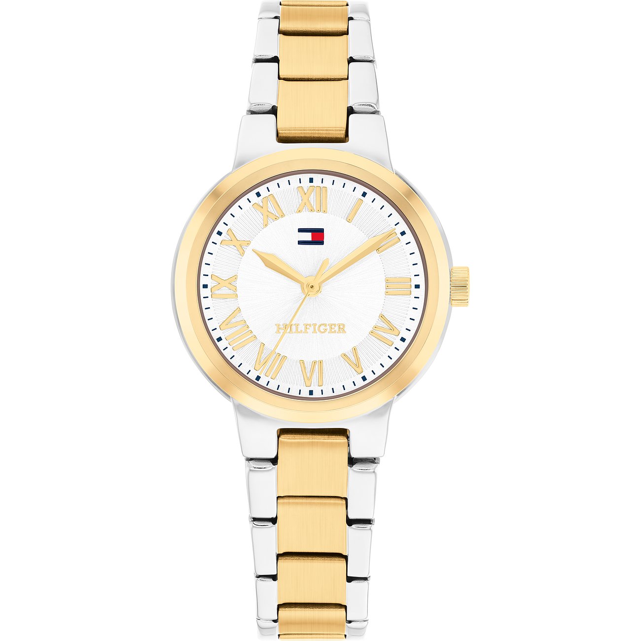 Tommy Hilfiger Damenuhr aus Edelstahl mit silbernem und goldenem Armband, weißem Zifferblatt und römischen Ziffern.
