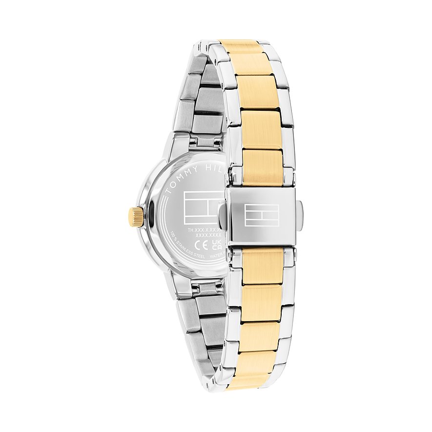 Rückansicht der Tommy Hilfiger Damenuhr aus Edelstahl mit glänzendem silbernem Gehäuse und bicolor Armband.