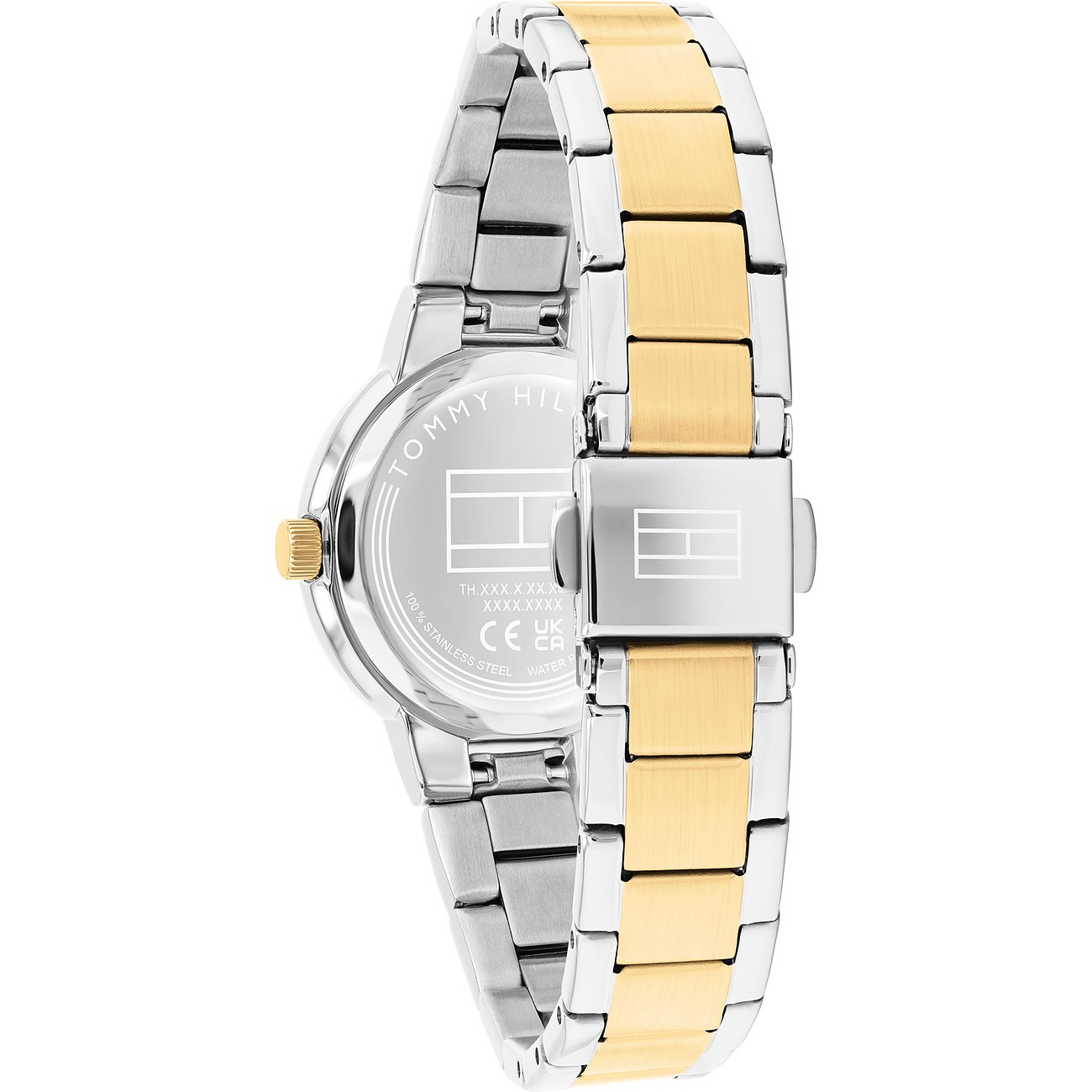 Rückansicht der Tommy Hilfiger Damenuhr aus Edelstahl mit glänzendem silbernem Gehäuse und bicolor Armband.
