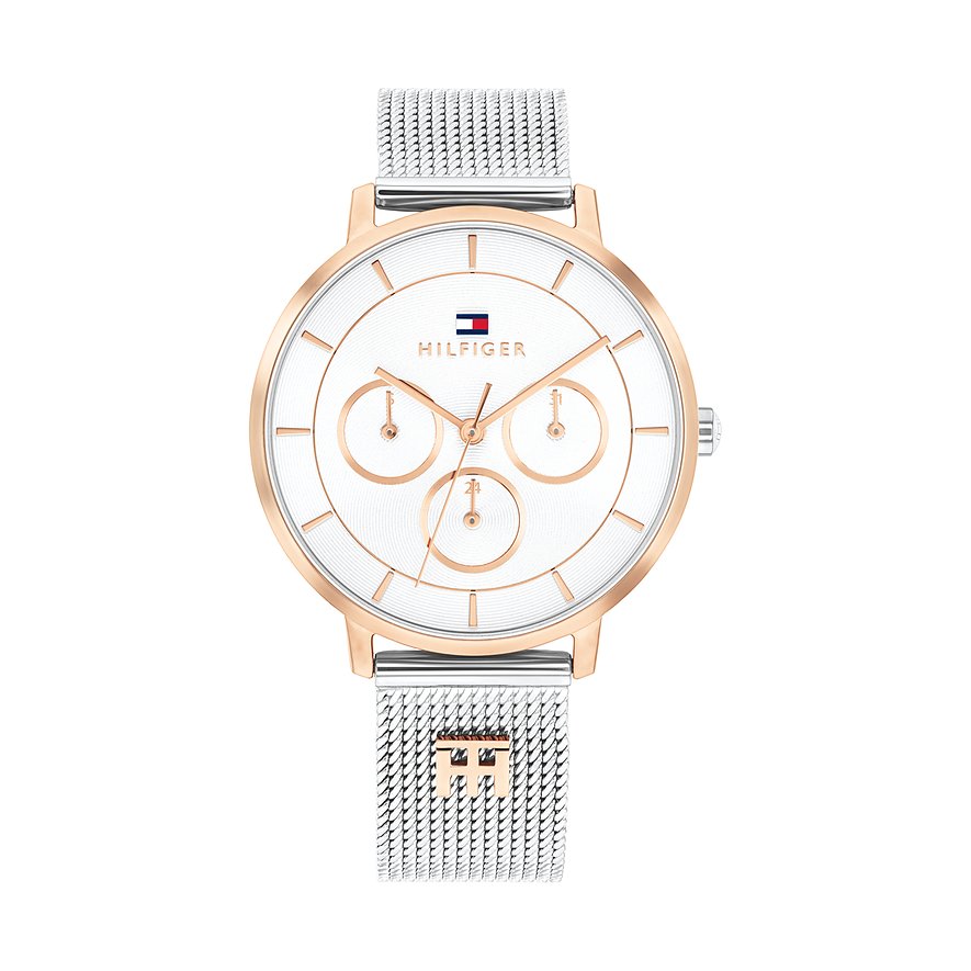 Die Tommy Hilfiger Damenuhr aus Edelstahl von vorne gesehen, mit rosegoldfarbenem Gehäuse und silbernem Mesh-Armband.