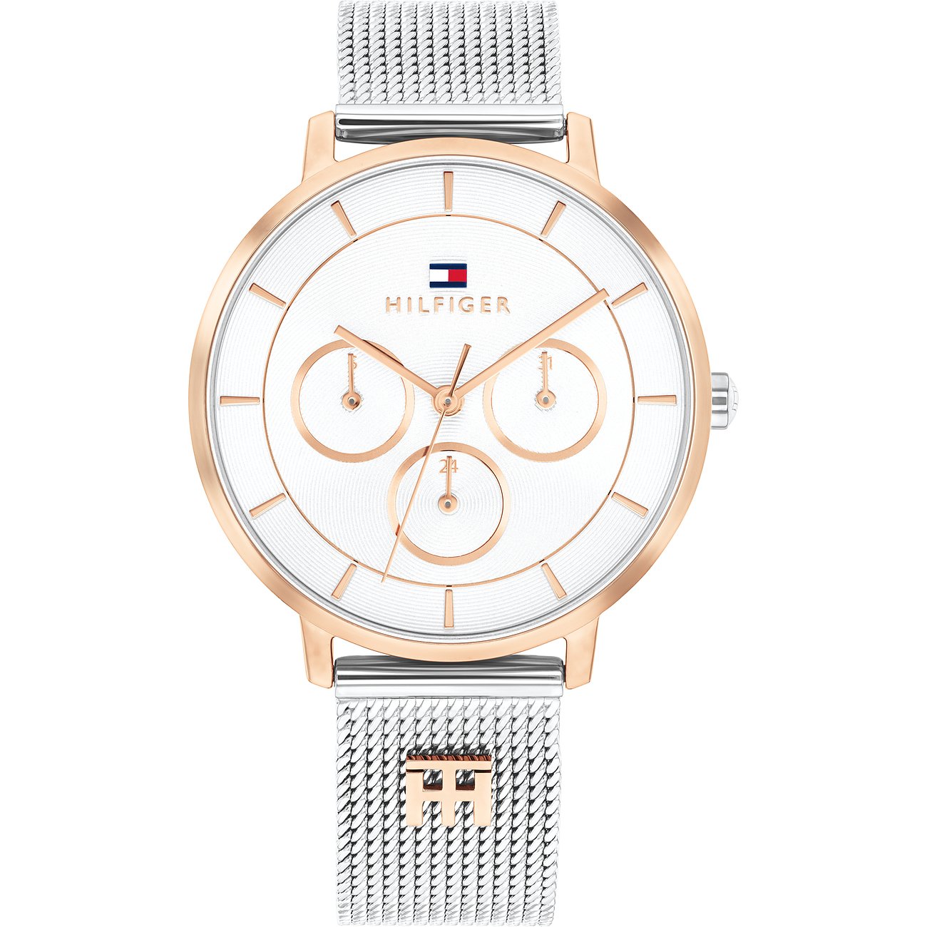 Die Tommy Hilfiger Damenuhr aus Edelstahl von vorne gesehen, mit rosegoldfarbenem Gehäuse und silbernem Mesh-Armband.
