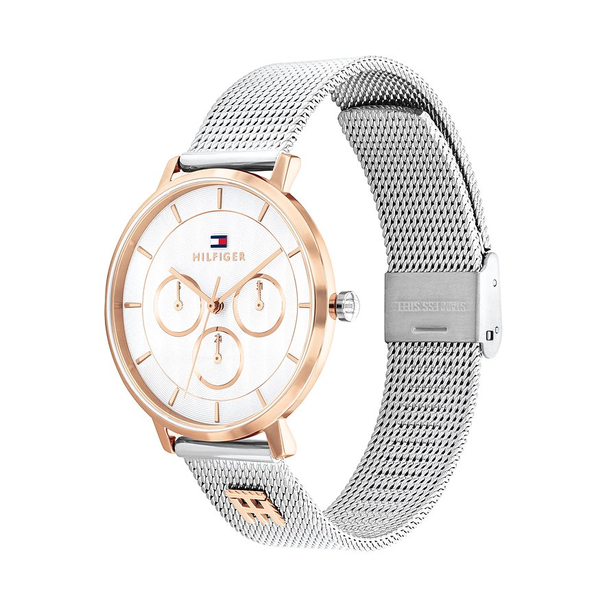Tommy Hilfiger Damenuhr: roségoldenes Gehäuse, drei Zifferblätter, silbernes Milanaise-Armband.