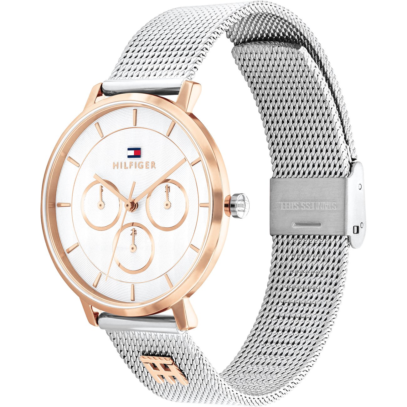 Tommy Hilfiger Damenuhr: roségoldenes Gehäuse, drei Zifferblätter, silbernes Milanaise-Armband.