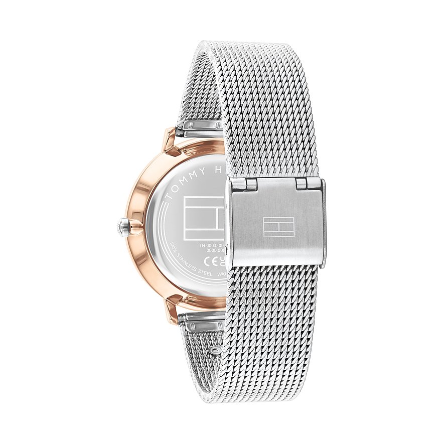 Rückansicht einer Tommy Hilfiger Damenuhr aus Edelstahl mit roségoldenem Gehäuse und silbernem Milanaise-Armband.