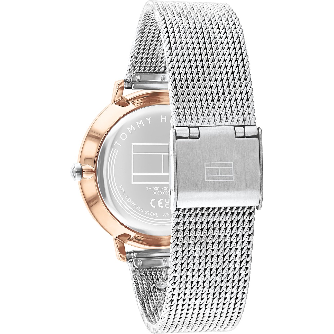 Rückansicht einer Tommy Hilfiger Damenuhr aus Edelstahl mit roségoldenem Gehäuse und silbernem Milanaise-Armband.