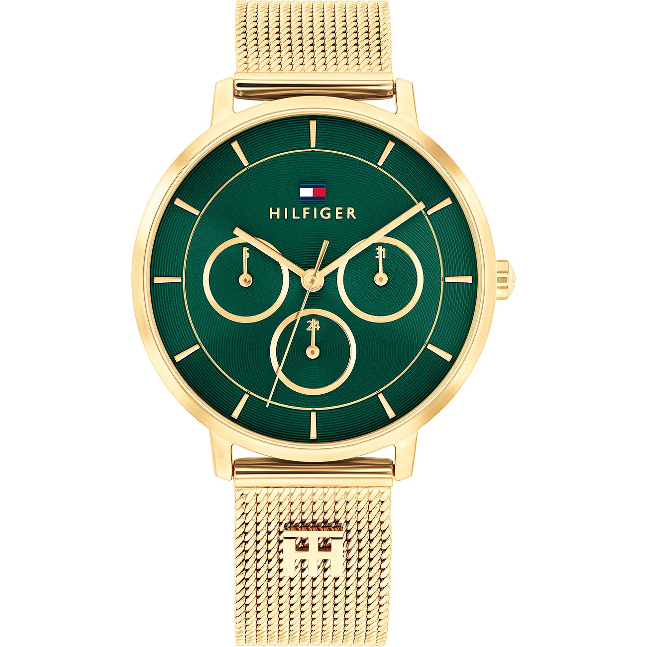 Een Tommy Hilfiger dameshorloge van goudkleurig edelstaal met een groene wijzerplaat en gouden details.