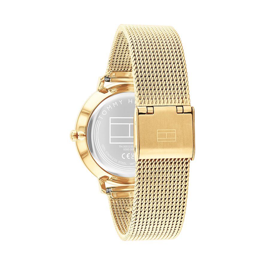 Gouden Tommy Hilfiger dameshorloge, roestvrij staal, meshband, gegraveerd logo op de sluiting.