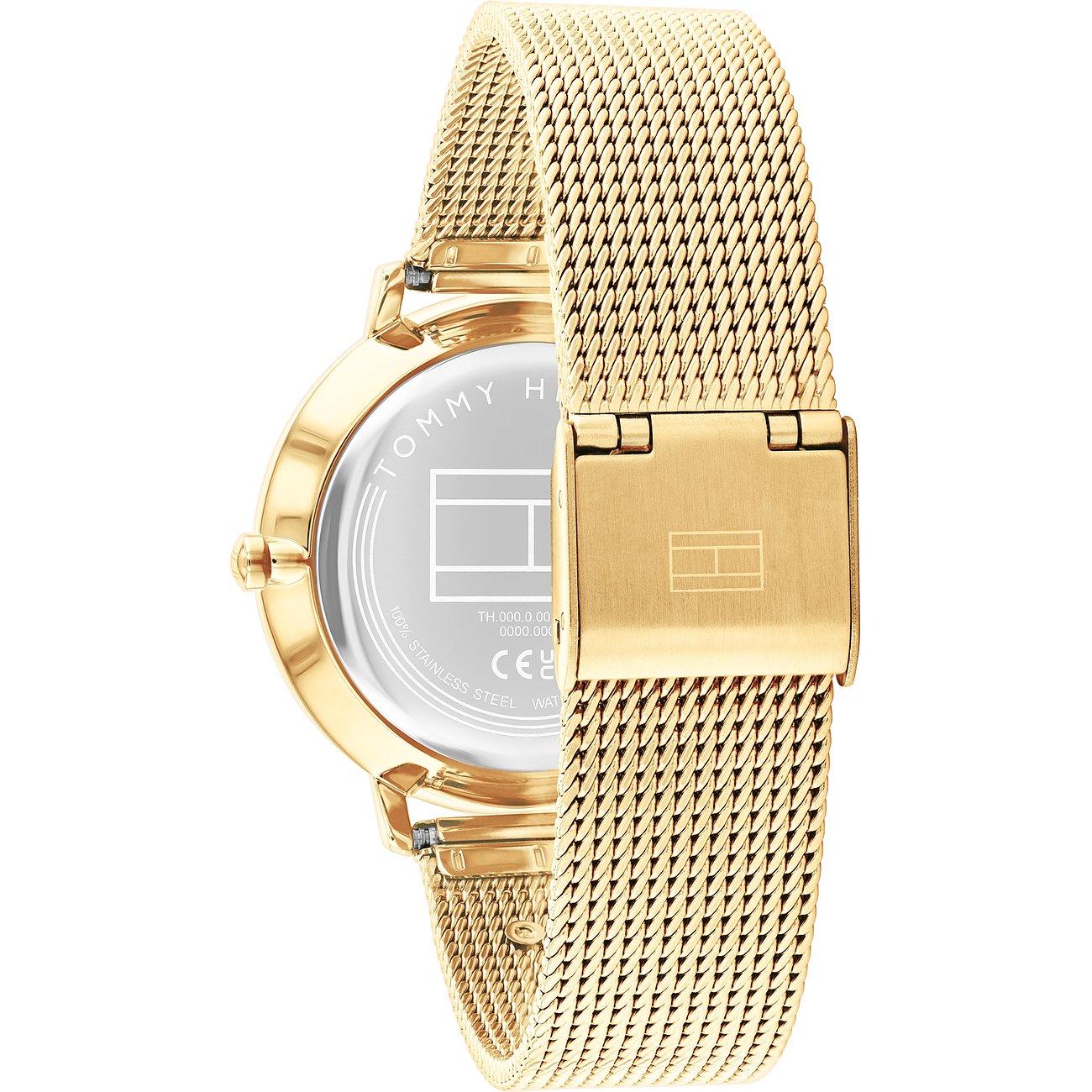 Gouden Tommy Hilfiger dameshorloge, roestvrij staal, meshband, gegraveerd logo op de sluiting.