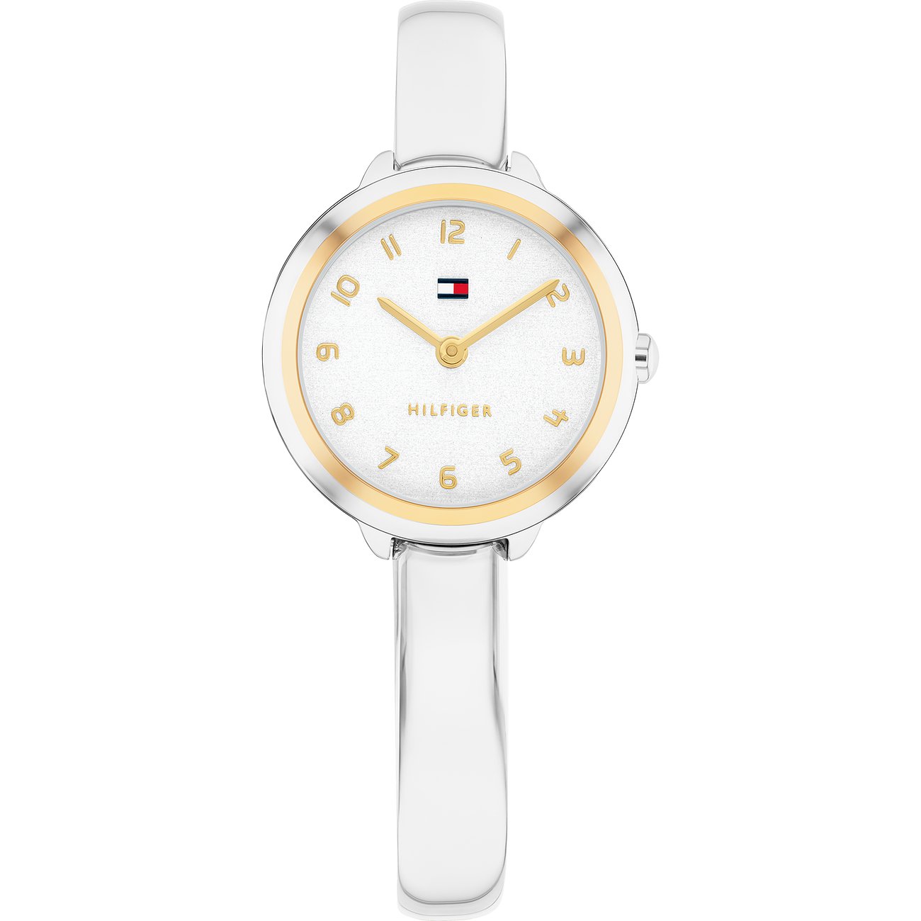 Eine Tommy Hilfiger Damenuhr aus Edelstahl mit einem silbernen Armband und einem goldfarbenen Gehäuse.