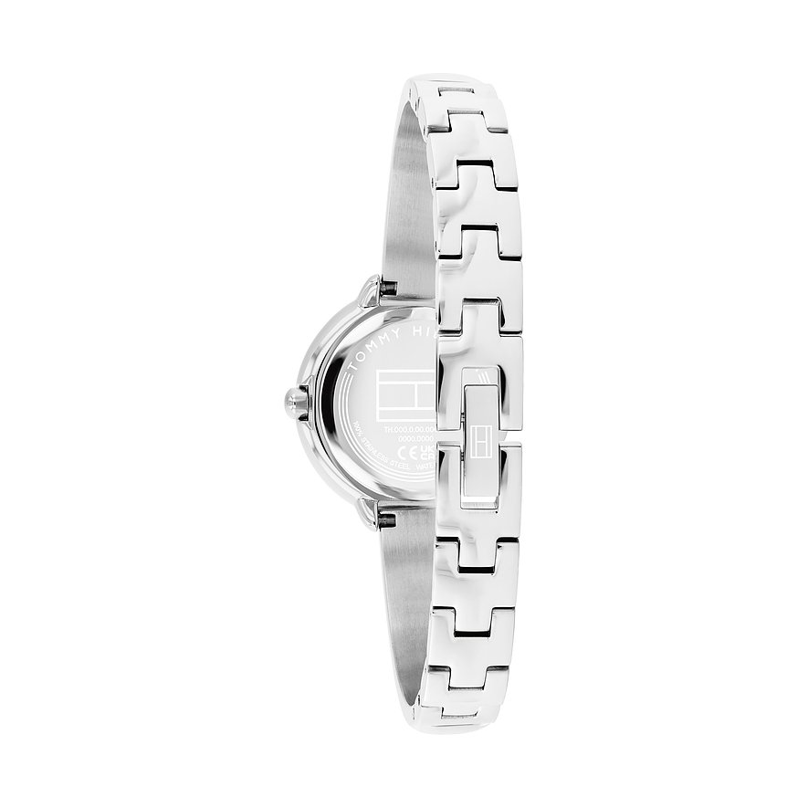 Rückansicht der silbernen Tommy Hilfiger Damenuhr aus Edelstahl mit verschlossenem Armband.