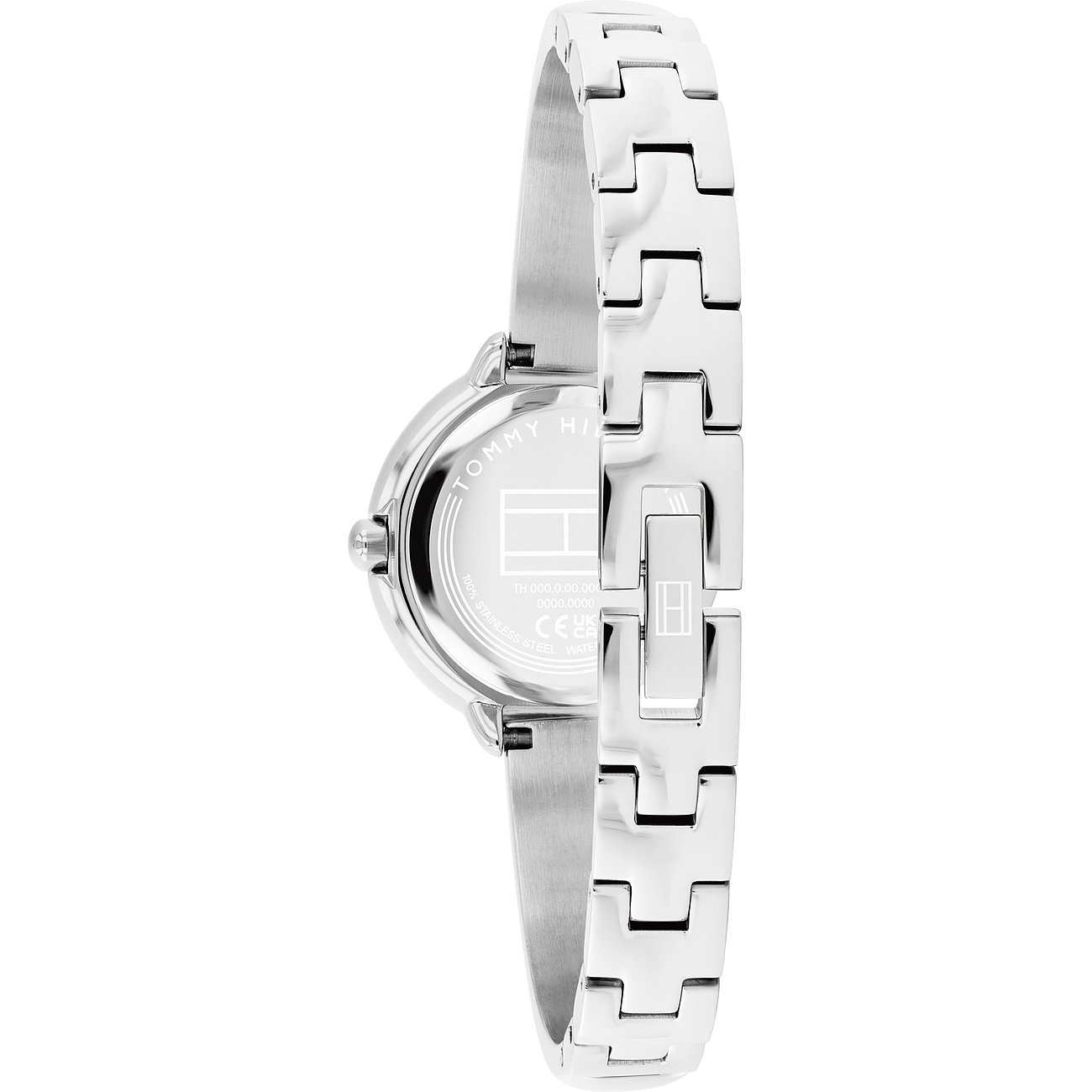 Rückansicht der silbernen Tommy Hilfiger Damenuhr aus Edelstahl mit verschlossenem Armband.