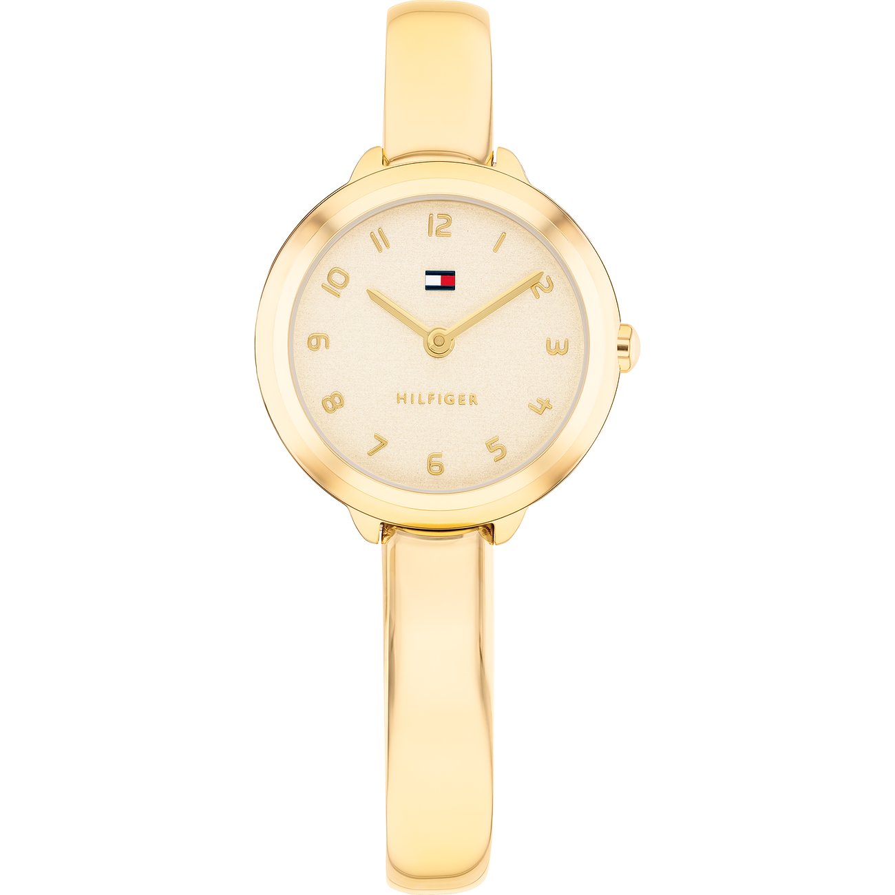Die goldfarbene Tommy Hilfiger Damenuhr aus Edelstahl im Bangle-Design. Ihr schlichtes Zifferblatt trägt das Markenlogo.