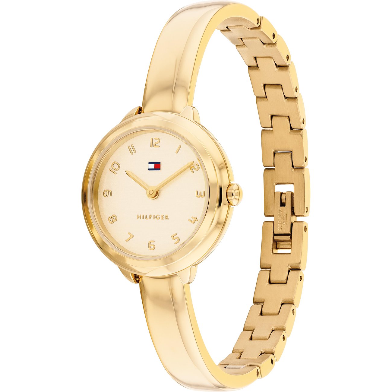Tommy Hilfiger Damenuhr aus goldfarbenem Edelstahl. Die Uhr hat ein leicht cremefarbenes Zifferblatt mit goldenen Ziffern.