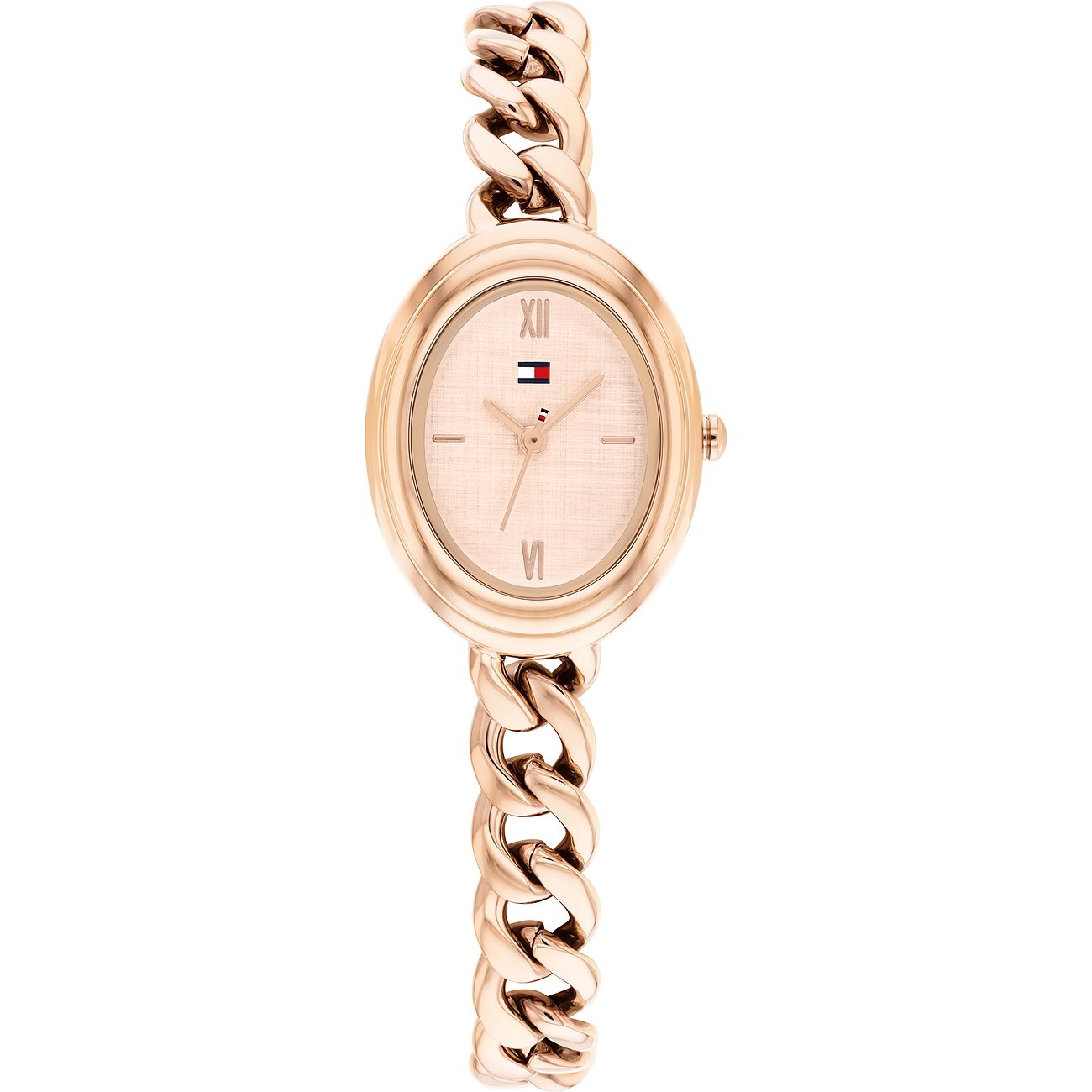 Tommy Hilfiger Damenuhr aus roségoldenem Edelstahl mit ovalem Zifferblatt und Gliederarmband.