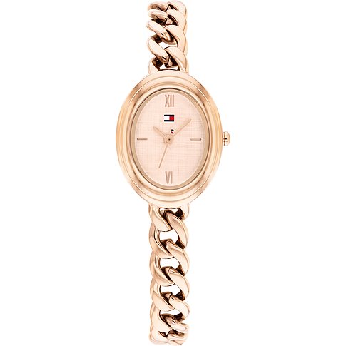 Tommy Hilfiger Damenuhr aus roségoldenem Edelstahl mit ovalem Zifferblatt und Gliederarmband.