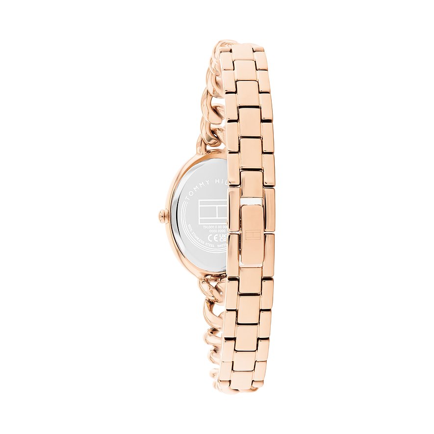 Rückansicht einer Tommy Hilfiger Damenuhr aus roségoldenem Edelstahl mit Gliederarmband und Markenlogo auf der Rückseite.