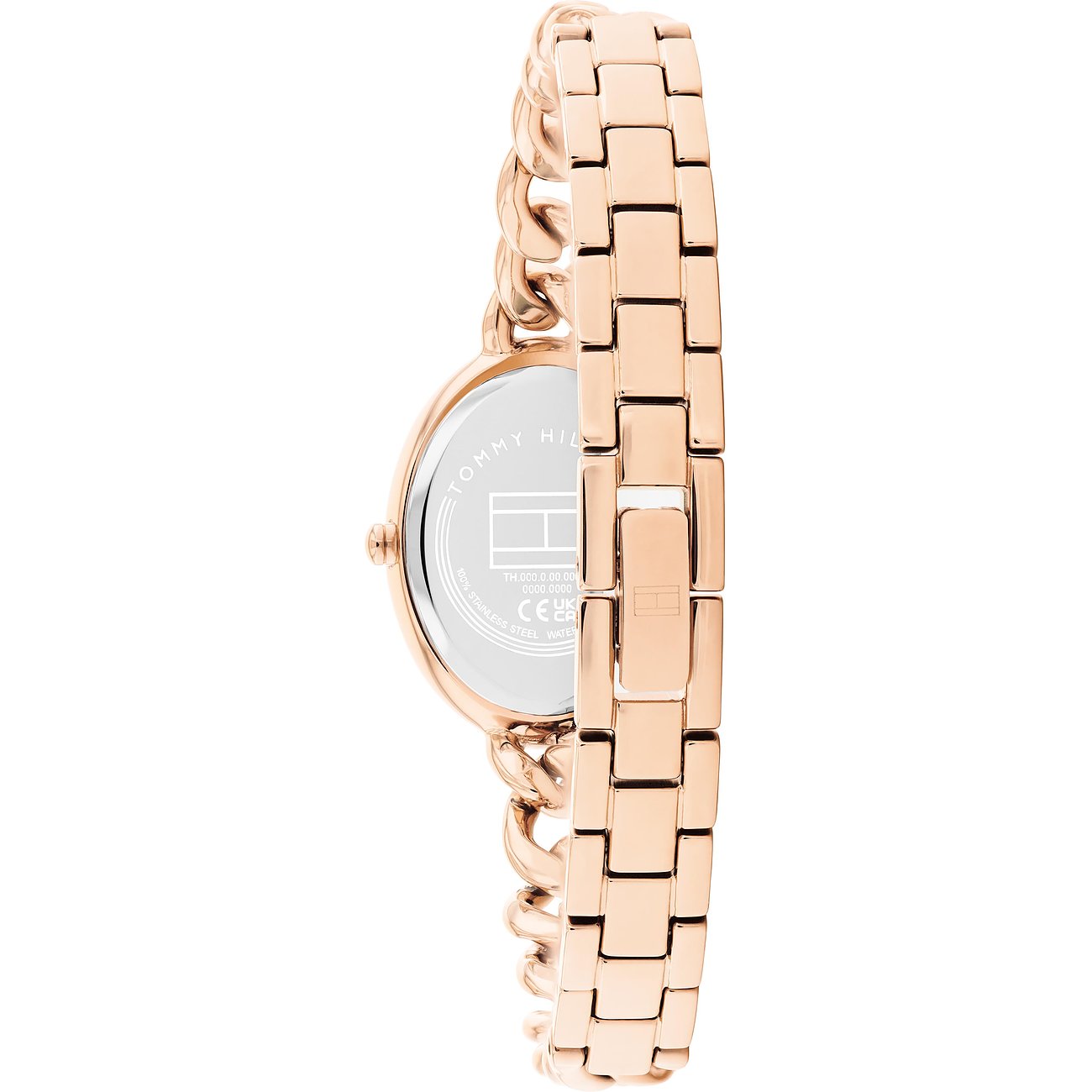 Rückansicht einer Tommy Hilfiger Damenuhr aus roségoldenem Edelstahl mit Gliederarmband und Markenlogo auf der Rückseite.