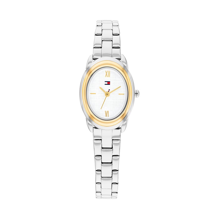 Tommy Hilfiger Damenuhr aus Edelstahl mit ovalem, goldfarbenem Zifferblattrahmen, weißem Zifferblatt und silbernem Armband.