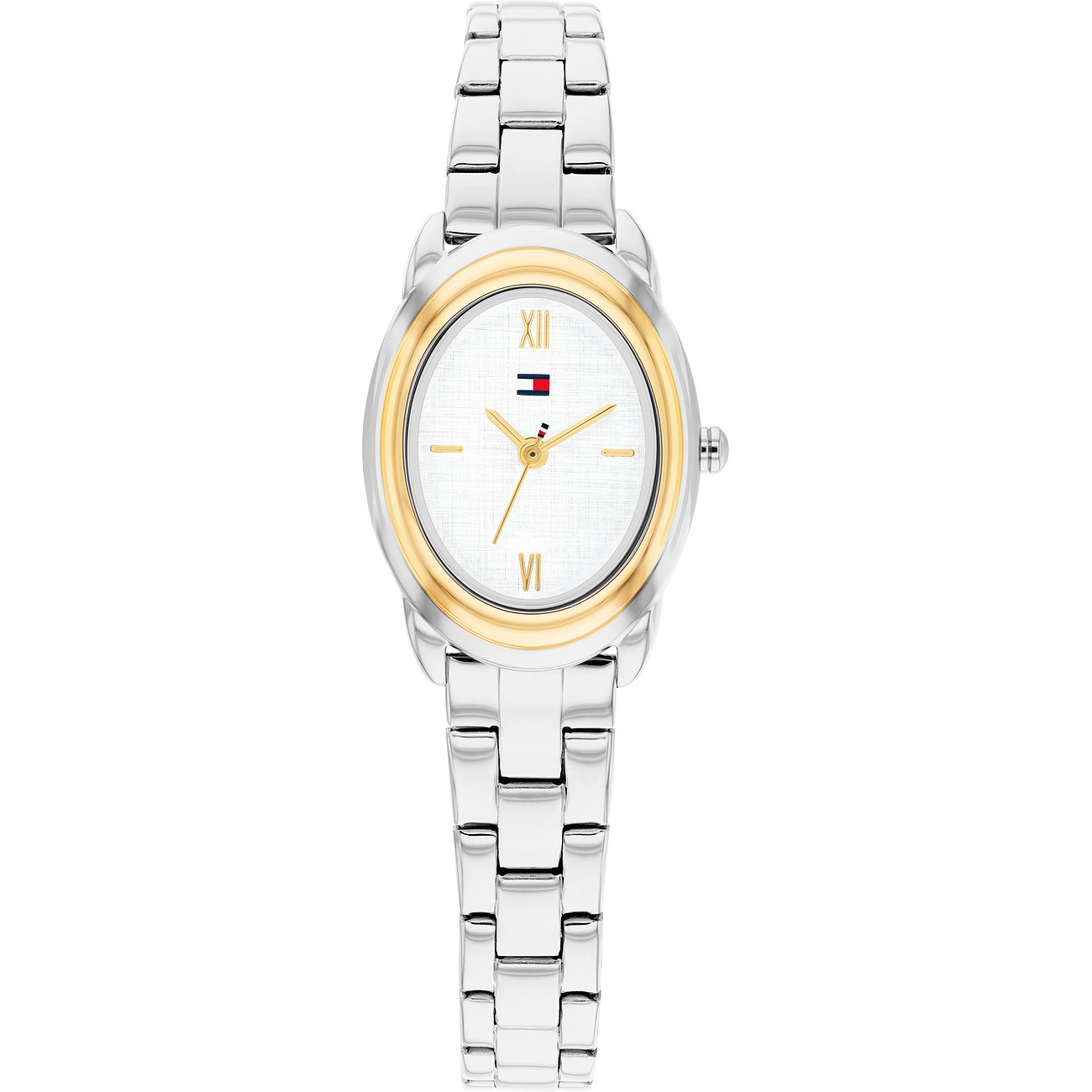 Tommy Hilfiger Damenuhr aus Edelstahl mit ovalem, goldfarbenem Zifferblattrahmen, weißem Zifferblatt und silbernem Armband.