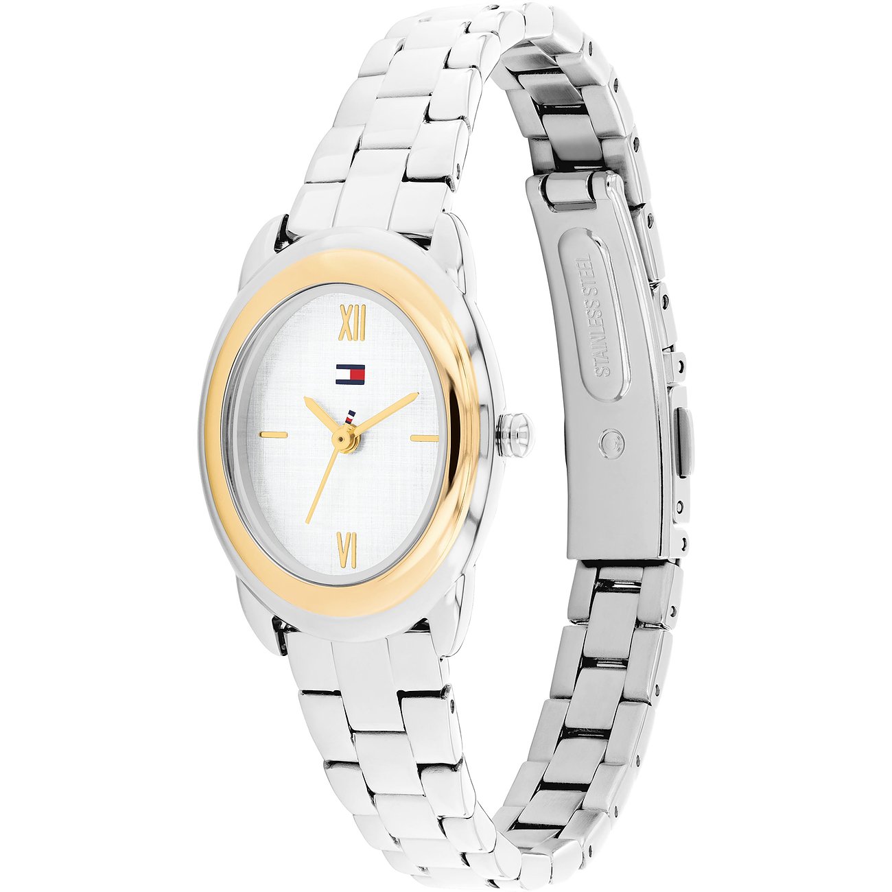 Tommy Hilfiger Damenuhr aus Edelstahl mit ovaler, goldfarbener Lünette und silbernem Gliederarmband.