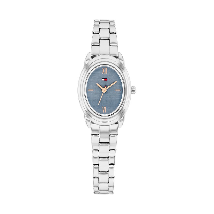 Tommy Hilfiger Damenuhr aus Edelstahl mit blassblauem Zifferblatt und silberfarbenem Gliederarmband.