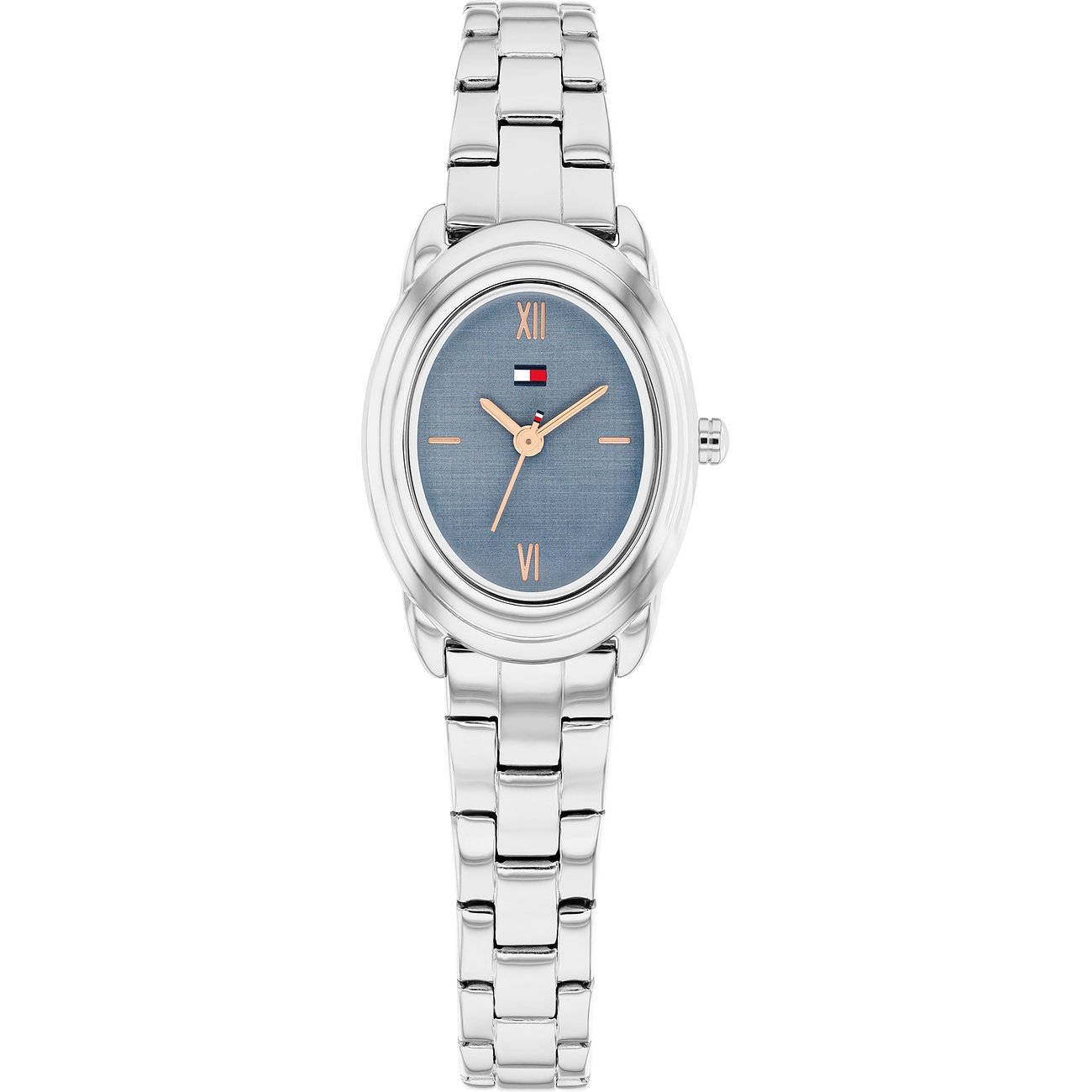 Tommy Hilfiger Damenuhr aus Edelstahl mit blassblauem Zifferblatt und silberfarbenem Gliederarmband.