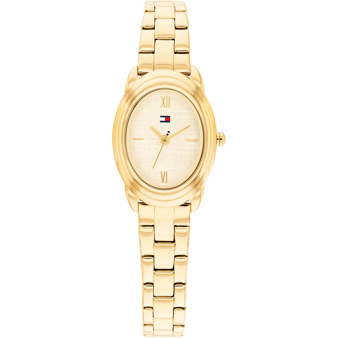 Tommy Hilfiger Damenuhr aus goldfarbenem Edelstahl. Die Uhr hat ein ovales Gehäuse und ein helles Zifferblatt.