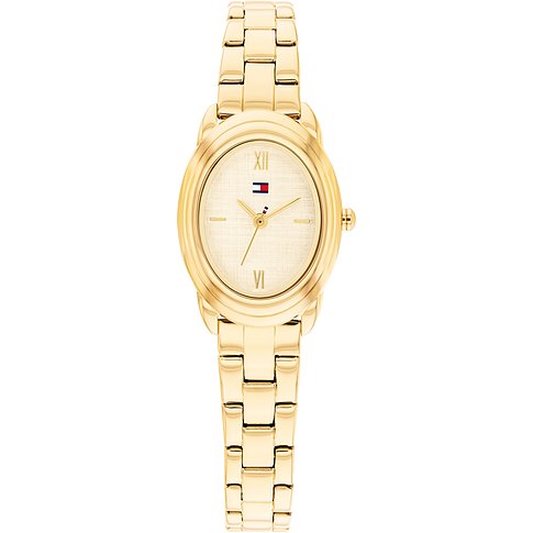 Tommy Hilfiger Damenuhr aus goldfarbenem Edelstahl. Die Uhr hat ein ovales Gehäuse und ein helles Zifferblatt.