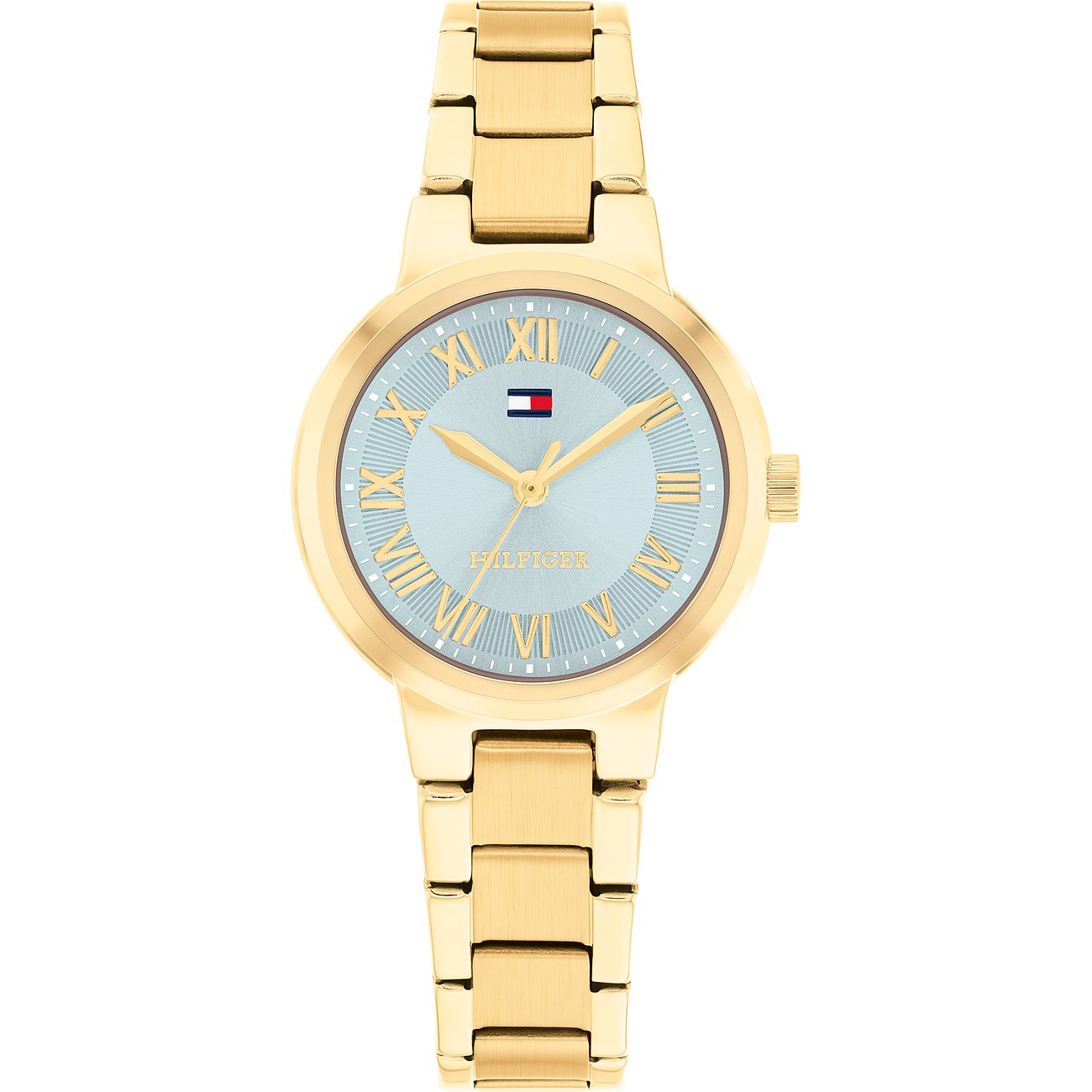 Tommy Hilfiger Damenuhr aus goldfarbenem Edelstahl mit hellblauem Zifferblatt und römischen Ziffern.