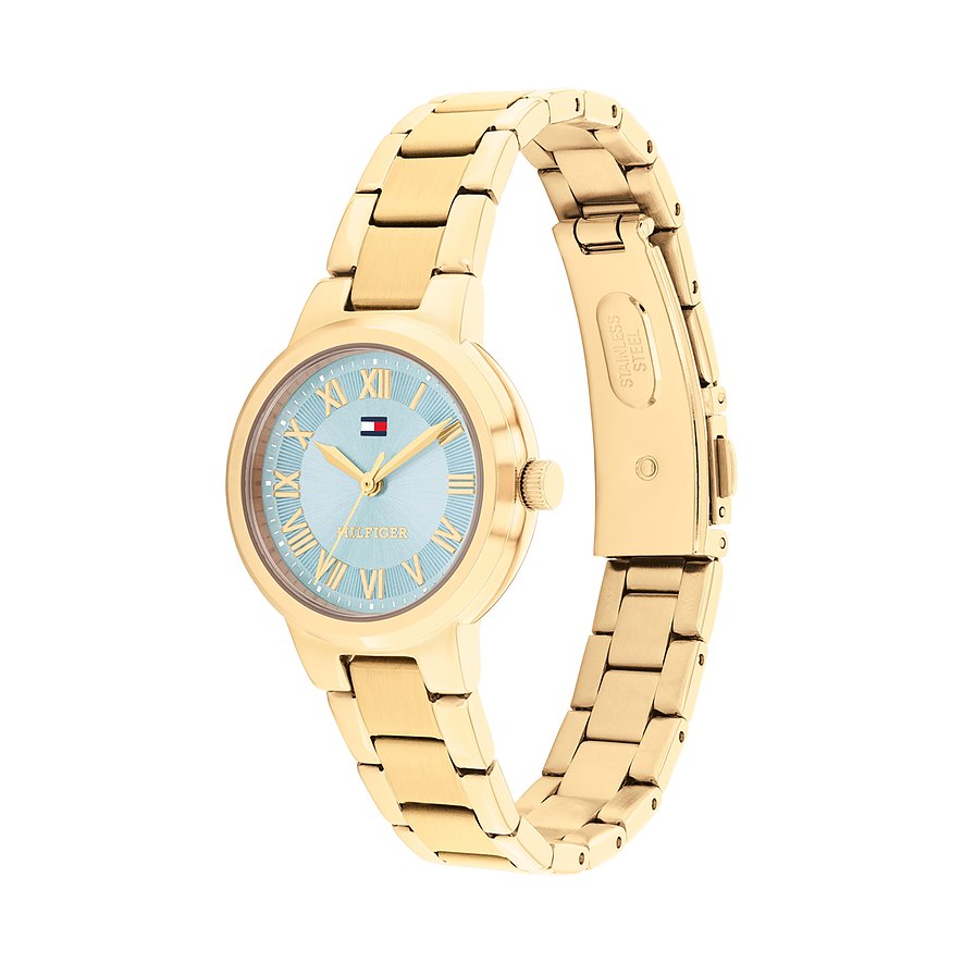 Tommy Hilfiger Damenarmbanduhr aus goldfarbenem Edelstahl mit hellblauem Zifferblatt und römischen Ziffern.