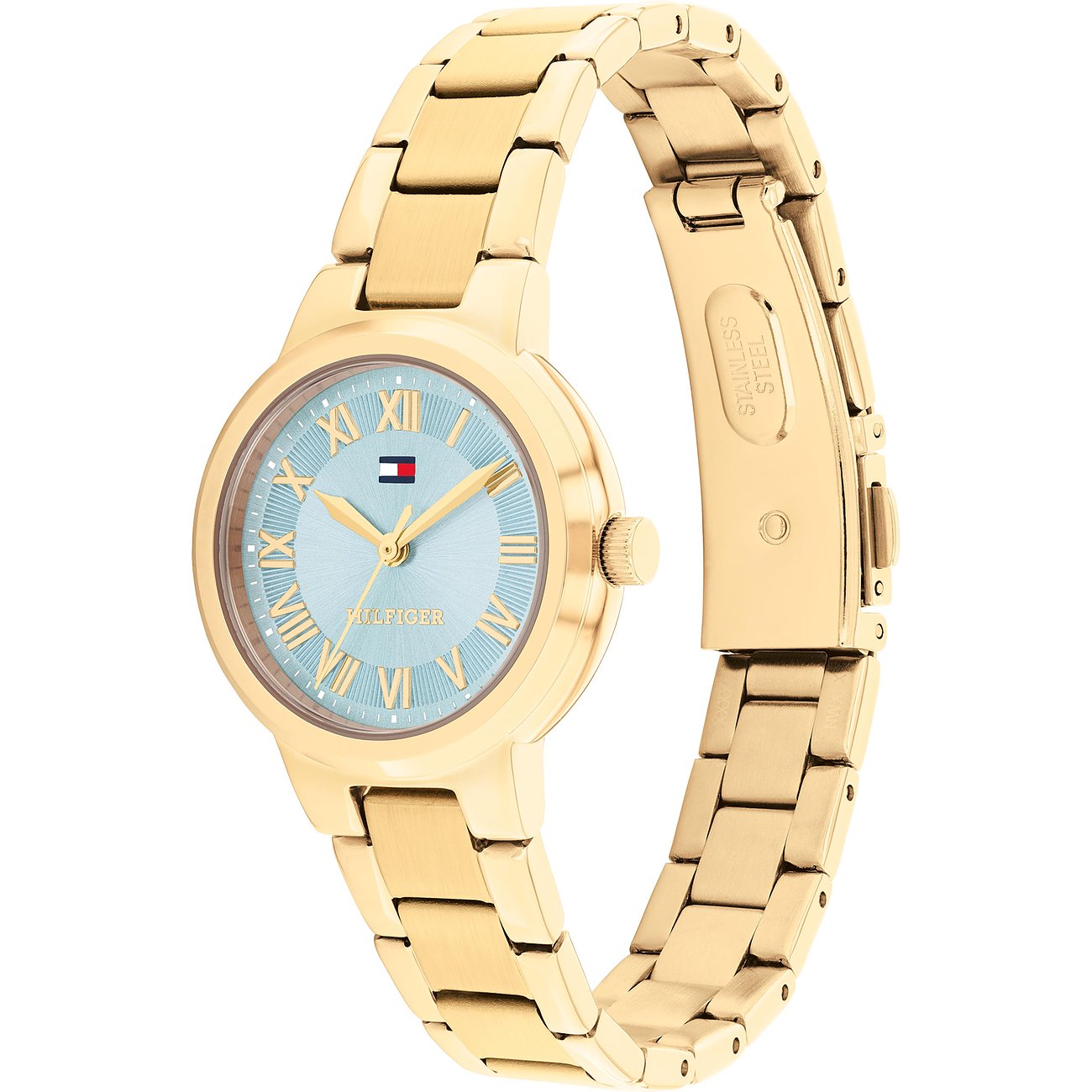 Tommy Hilfiger Damenarmbanduhr aus goldfarbenem Edelstahl mit hellblauem Zifferblatt und römischen Ziffern.