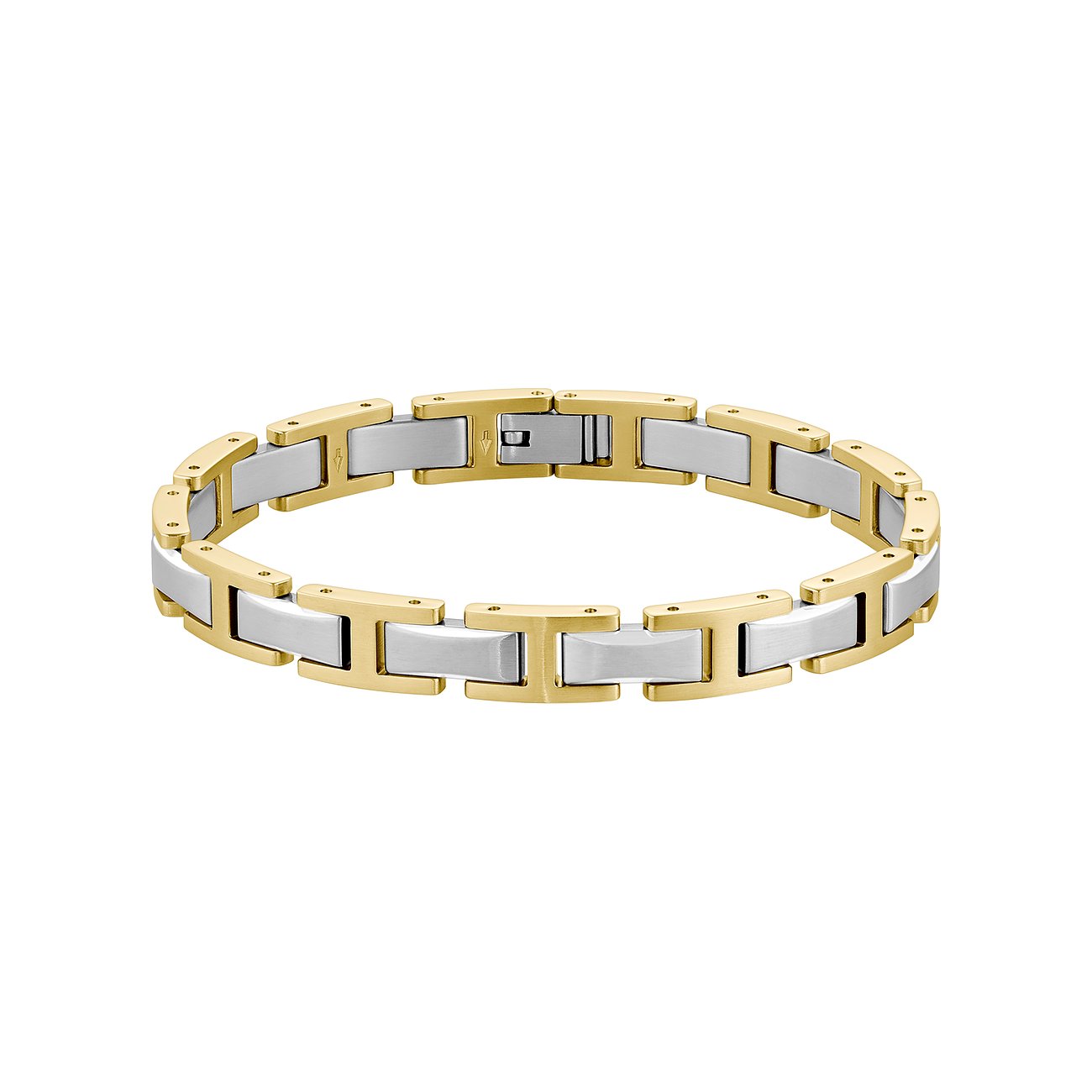Boss roestvrijstalen armband met goudkleurige en zilverkleurige schakels.