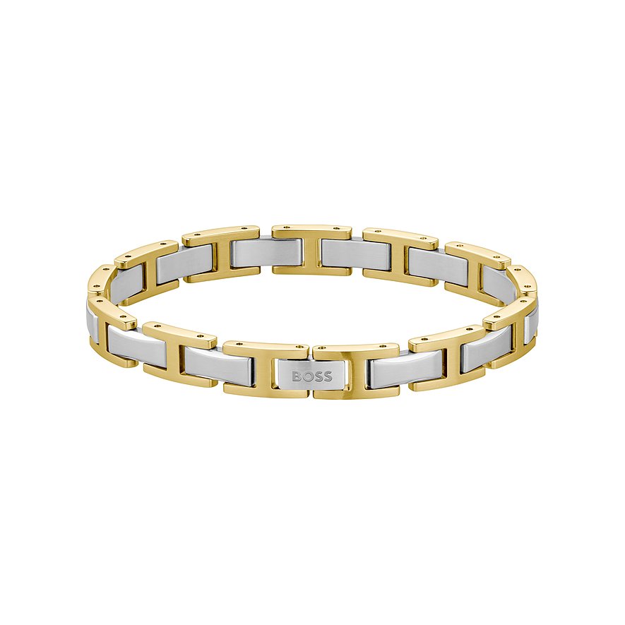 Boss armband van tweekleurig roestvrij staal met goud- en zilverkleurige schakels en Boss-schrift.