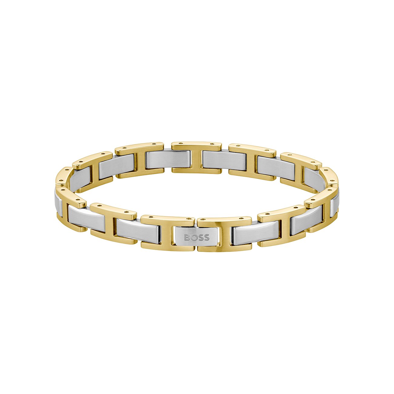 Boss armband van tweekleurig roestvrij staal met goud- en zilverkleurige schakels en Boss-schrift.