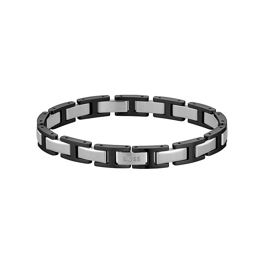 Boss Armband aus Edelstahl, bestehend aus abwechselnd schwarzen und silberfarbenen Gliedern.