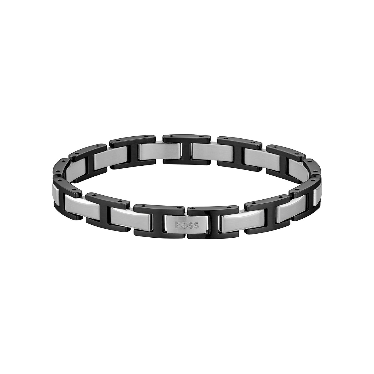 Boss Armband aus Edelstahl, bestehend aus abwechselnd schwarzen und silberfarbenen Gliedern.