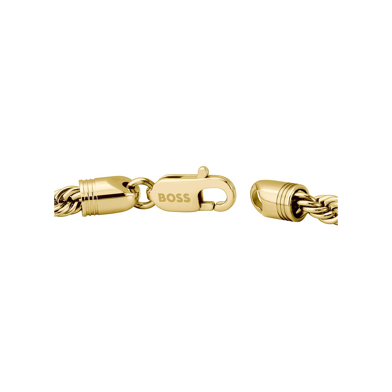 Detailansicht eines offenen vergoldeten Boss Edelstahlkarabiner-Verschlusses eines Armschmucks.