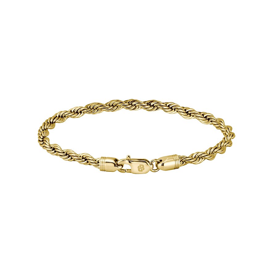 Armband von Boss aus goldfarbenem Edelstahl. Das Armband hat eine gedrehte Kordeloptik und einen Karabinerverschluss.