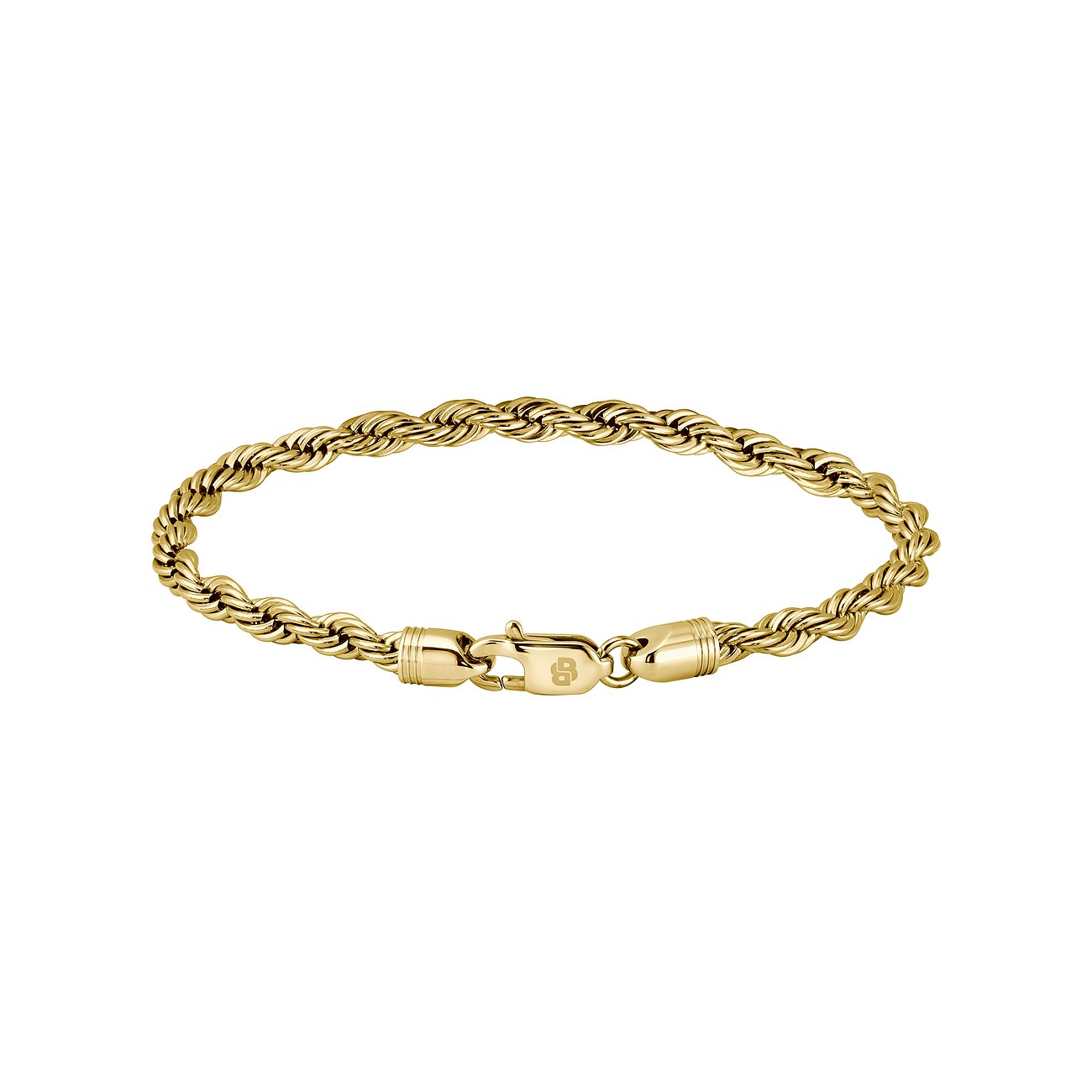 Armband von Boss aus goldfarbenem Edelstahl. Das Armband hat eine gedrehte Kordeloptik und einen Karabinerverschluss.