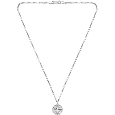 Boss Halskette aus Edelstahl mit einem runden Kompass-Anhänger, der mit funkelnden Schmucksteinen besetzt ist.