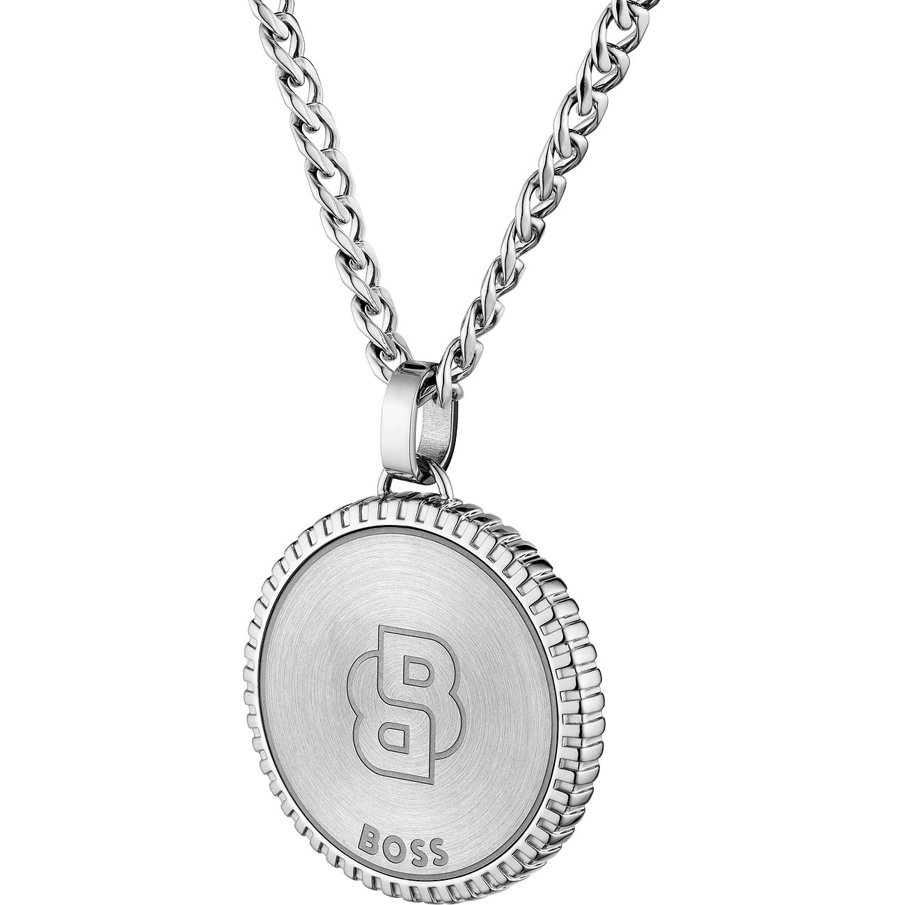 Boss Halskette aus Edelstahl mit rundem Anhänger, der ein „B“-Logo und den Markennamen „BOSS“ trägt.