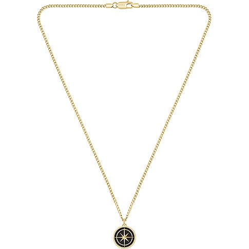 BOSS Halskette aus goldfarbenem Edelstahl mit rundem Anhänger. Schwarzer Kern, goldener Stern, umrandet von klaren Schmucksteinen.