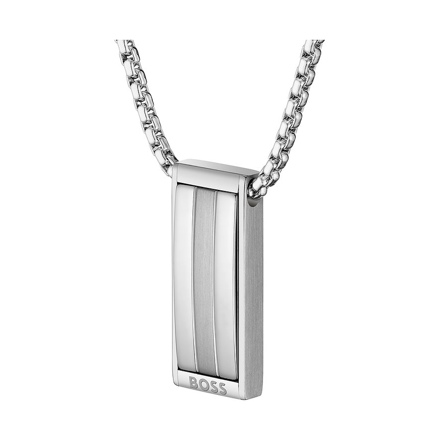 Boss Halsschmuck aus Edelstahl mit Kette und rechteckigem Anhänger mit vertikalen Streifen und Boss-Logo.