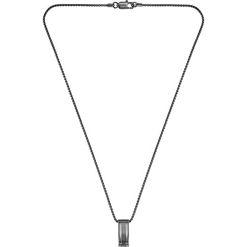 Boss Halskette aus anthrazitfarbenem Edelstahl mit vertikal gestreiftem zylindrischem Anh h nger.