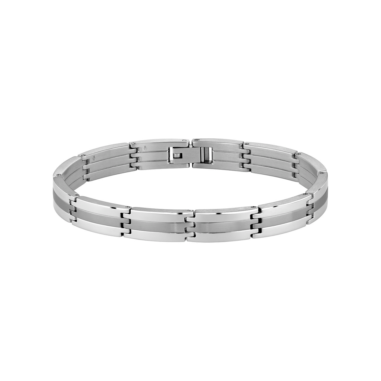 Boss roestvrijstalen armband met matte middenstrepen en zichtbare schakels, bovenaanzicht.